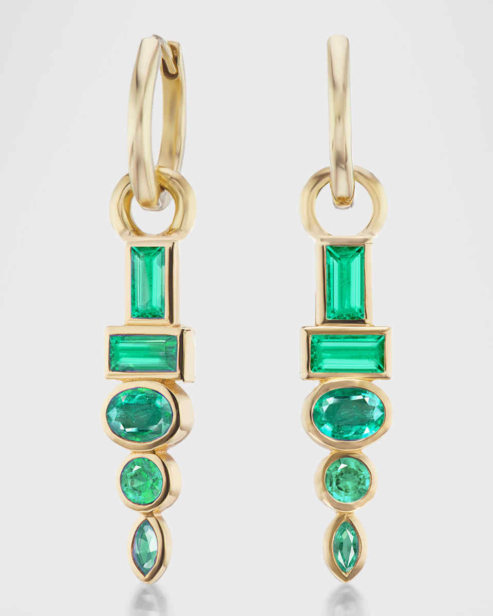 18K Yellow Gold Emerald Drop Huggie Earrings